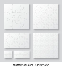 Set of black and white puzzle pieces. Has different sizes namely 100, 15, 25, 9, 4, 8 pieces. Realistic mackup with shadow - stock vector.