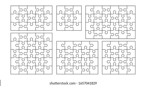 Conjunto de piezas de rompecabezas en blanco y negro. Tiene diferentes tamaños: 9, 15, 16, 20, 24, 25 piezas. Ilustración vectorial en fondo blanco aislado.