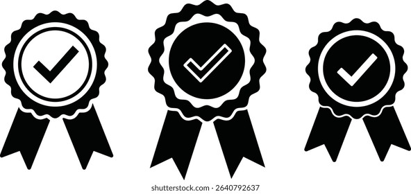 Set of black and white quality certification badges featuring checkmark symbols, ideal for illustrating approval, guarantee, assurance, verification, and standards compliance in vector format.

