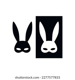 Set of black and white rabbit mask flat vector drawing illustration. Hand drawn bunny ears silhouette. Masquerade festival icon. Minimal design, print, banner, festive card, poster, brochure, logo.