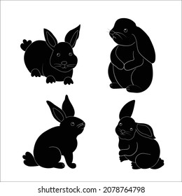 set of black and white rabbits in white background