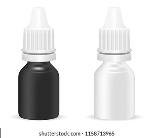 Set of black and white realistic plastic medical bottles with dropper. Pharmacy flask or vials for anti-aging essential, eye or nasal drops. Mock up vector flacons illustration isolated on white.