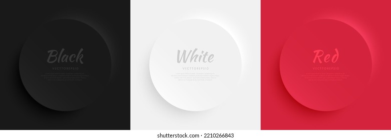 Set black  white  red 3D round circles frames and soft light   shadow  Minimal Pedestal podium in top view and text copy space  Badge emboss texture collection design  Vector illustration 