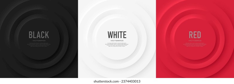 Set of black, white and red 3D radial circle pattern with soft light and shadow in neumorphism style. Minimal wave curve pattern collection design with text copy space. Creative trendy color templates