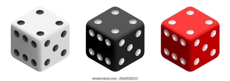Set of black, white and red dice. Vector set isolated on white background. 3d dice.