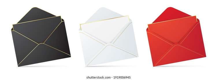 Set of black, white, and red envelopes with the letter, and golden details. Realistic envelope vector mockup with a greeting, or invitation card inside with copy space, isolated on a white background.