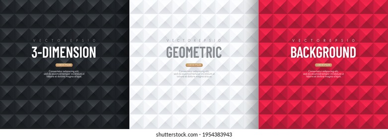 Set of black, white and red Geometric 3D pattern background. Abstract triangle texture design. Luxury and elegant collection design. Vector illustration