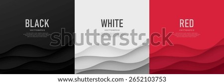 Set of black, white and red wavy curve stripes lines layers background in paper cut concept. Abstract banner design. Use for banner, cover, web, flyer, card, poster, wallpaper. Vector illustration.