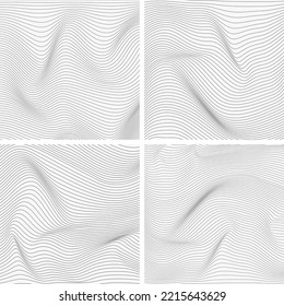 Set black and white relief background with optical illusion of distortion. Wavy mesh abstract pattern texture. Vector graphic design.