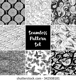 Set of black and white repeating nature backgrounds. Seamless pattern. Isolated vector illustration. Design for fabrics, textiles, paper, wallpaper, web. Coloring book pages for kids and adults.