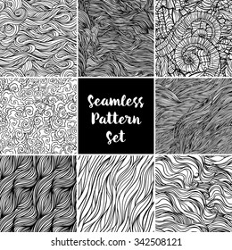 Set of black and white repeating wave backgrounds. Seamless pattern. Isolated vector illustration. Design for fabrics, textiles, paper, wallpaper, web.Coloring book pages for kids and adults.