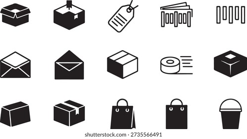 Set of black and white representing shipping, packaging, and retail concepts