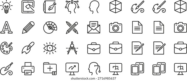 Set of black and white representing various creative and office activities