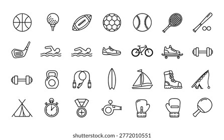 Set of black and white representing various sports and recreational activities basketball tennis