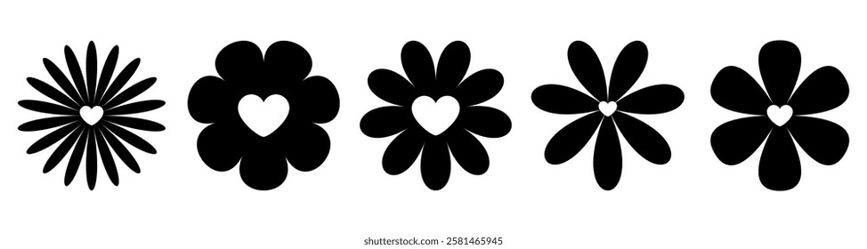 Set of black and white Retro Daisies Chamomile with Heart Centers. Chamomile icon. Vintage 70's style. Minimalistic floral silhouettes for logos, prints, cards, stencils, vinyl stickers