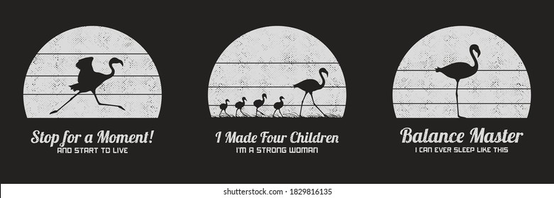 Set of black and white retro illustrations with silhouettes of flamingos. Animal mother and children. Texture backgrounds with endangered bird in wild. Vector vintage designs for prints, t-shirts