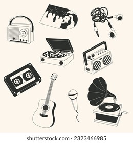 Set of Black and white Retro musical things, isolated icon. Vector illustration design