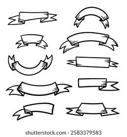 A set of black and white ribbons. Vector hand-drawn doodle elements for banner, flyer, poster, website, application