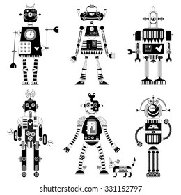 Set of black and white robots of different shapes. Vector illustration