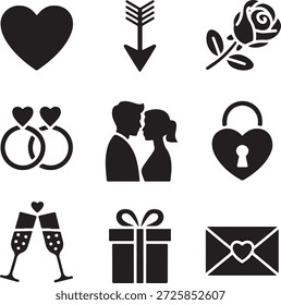 Un conjunto de iconos de boda románticos en blanco y negro que incluyen corazones, pareja, anillo, regalo, champán, carta profesional de alta calidad detallada moderna