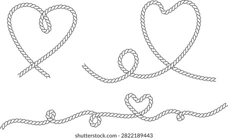 Set of black and white rope elements including two heart shapes, a decorative wavy line, and a border with knots.