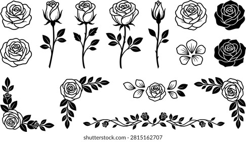 Set of black and white rose illustrations, floral elements, and decorative borders transparent background