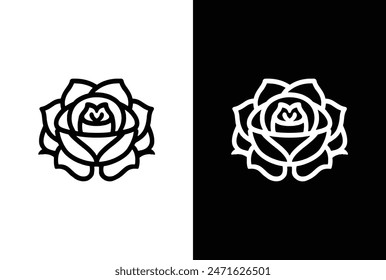 set of black and white roses. decorative rose with leaves. Flower Silhouette icon