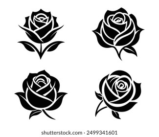 Conjunto de rosas blancas y negras con hojas, combo Paquete colección, Logo Icon Silueta Arte vectorial diseño de ilustración