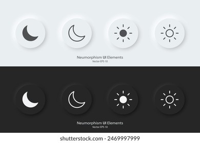 Conjunto de Botones redondos en blanco y negro con símbolos solares y lunares. Icono de Vector día y noche en estilo neumórfico de moda. Estilo de diseño de neumorfismo 3D para App, Sitios web, interfaces y menú de App móvil.