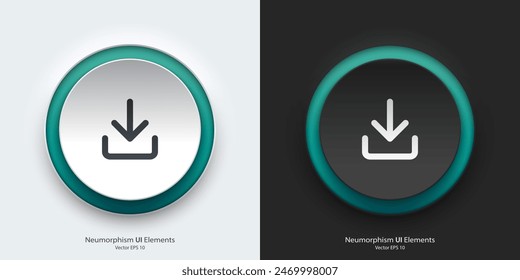 A set of black and white round buttons with download symbols. Download vector icon in trendy neumorphic style. 3D Neumorphism design style for Apps, Websites, Interfaces and mobile app menu.