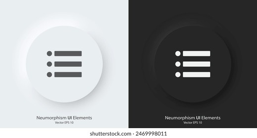 A set of black and white round buttons with see more detail symbols. Vector icon in trendy neumorphic style. 3D Neumorphism design style for Apps, Websites, Interfaces and mobile app menu.