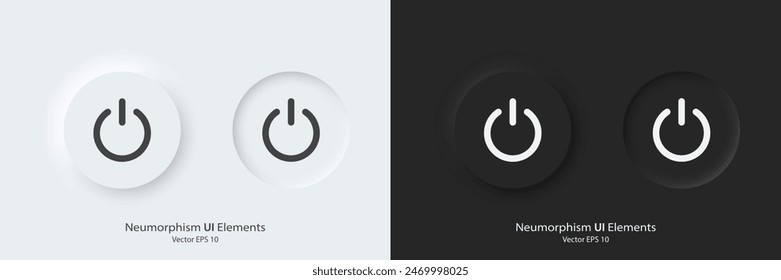 A set of black and white round buttons with power symbols. Power vector icon in trendy neumorphic style. 3D Neumorphism design style for Apps, Websites, Interfaces and mobile app menu.