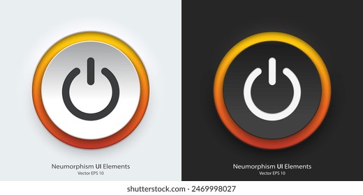 A set of black and white round buttons with power symbols. Power vector icon in trendy neumorphic style. 3D Neumorphism design style for Apps, Websites, Interfaces and mobile app menu.