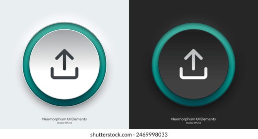 A set of black and white round buttons with upload symbols. Upload vector icon in trendy neumorphic style. 3D Neumorphism design style for Apps, Websites, Interfaces and mobile app menu.