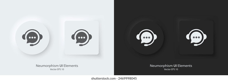 Conjunto de Botones redondos en blanco y negro con símbolos de bot de charla. Icono del Vector del bot de charla en estilo neumórfico de moda. Estilo de diseño de neumorfismo 3D para App, Sitios web, interfaces y menú de App móvil.