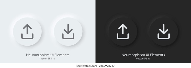 Conjunto de Botones redondos en blanco y negro con Descarga, símbolos Cargar. Icono de Vector UP-Descarga en estilo neumórfico de moda. Estilo de diseño de neumorfismo 3D para App, Sitios web, interfaz y menú de App móvil.