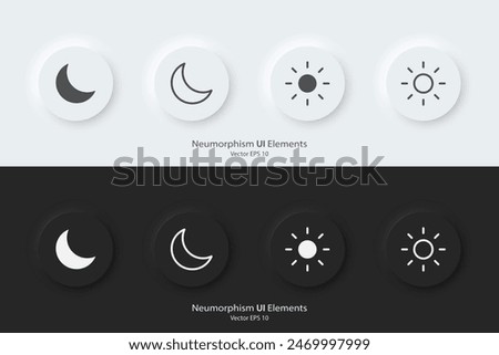 A set of black and white round buttons with sun and moon symbols. Day and night vector icon in trendy neumorphic style. 3D Neumorphism design style for Apps, Websites, Interfaces and mobile app menu.