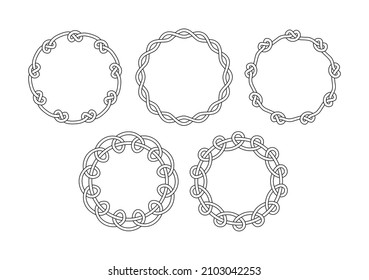 Set of black and white round decorative outline vector frames with knots and loops, isolated on white background