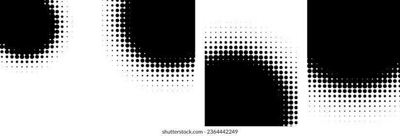 Set of black and white round gradient halftone dots backgrounds with space for text. Pop art template, texture. Vector illustration.