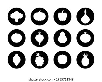 Eine Reihe von runden, schwarz-weißen Symbolen mit Obst und Gemüse. Brokkoli, Kürbis, Pfeffer, Ananas, Rüben, Birnen, Weintrauben, Zitrone, Apfel, Granatapfelsaum, Tomate und Zwiebeln. 12 Silhouette-Vektorsymbole