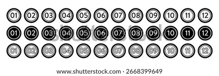 Set of black and white round markers numbered from one to twelve. Monochrome geometric simple figures. Number bullet. Vector flat icons isolated on white background