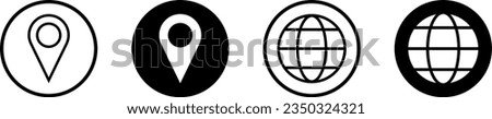 Set of Black and White Round World Globe Earth Web Map and Location Pointer Pin or You Are Here Marker Sign Button Icon Set. Vector Image.
