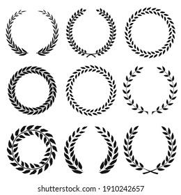 Set of black and white rounded laurel foliate and wheat wreaths