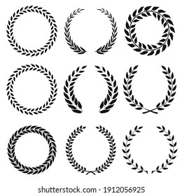 Set of black and white rounded laurel foliate and wheat wreaths