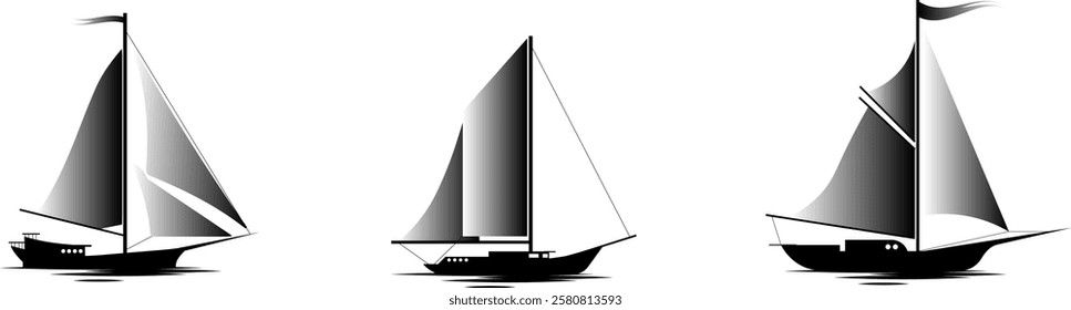 set of black and white sail ships 