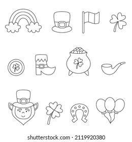 Set Of Black And White Saint Patrick’s Day Symbols. Coloring Page.