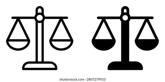 Set of black and white scale balance icons symbolizing justice and fairness on transparent background