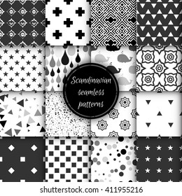 Set of black and white scandinavian seamless patterns. Stock vector.