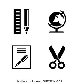 Set of black and white school supply icons including a ruler with a pencil, a desk globe, a notebook with a pen, and a pair of scissors.