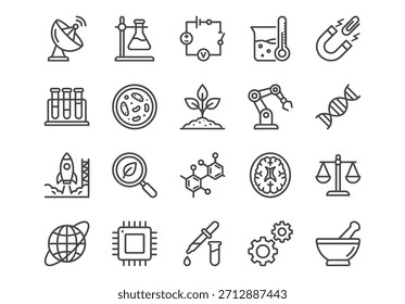 A set of black and white science and research icons with clear lines and smooth contours.